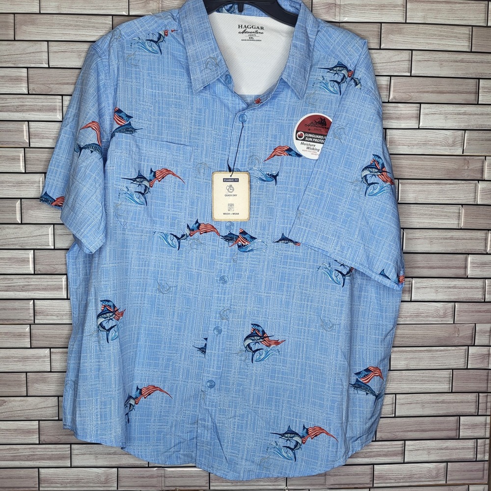 Haggar Adventure Awaits Shirt Men's‎ XXL Blue Swordfish Patriotic Flag Button